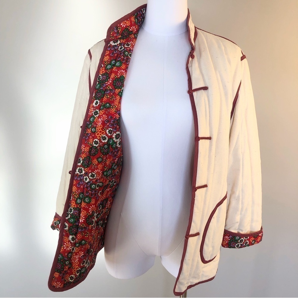 Natural cream quilted Asian style stand up collar jacket floral lining XL